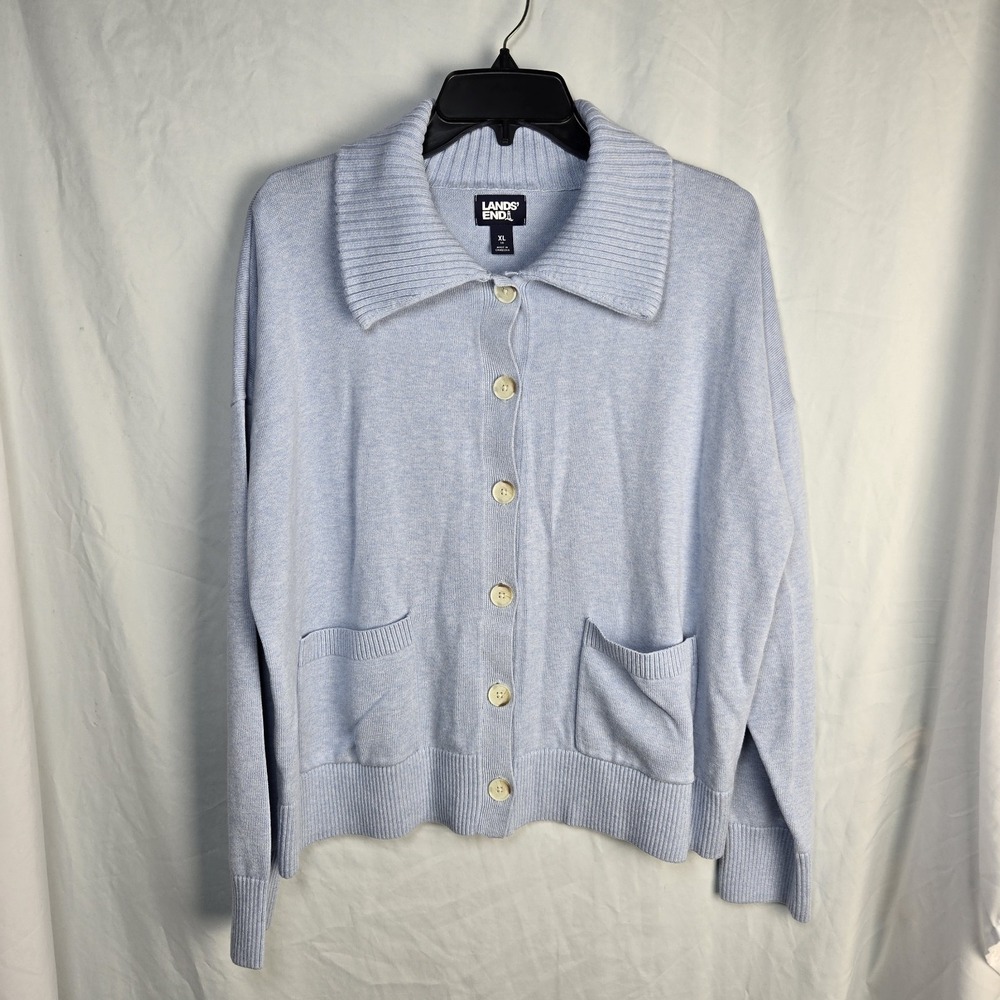 Lands End Oeko Tex Cardigan Sweater Womens XL Light Blue Ribbed Collar Preppy